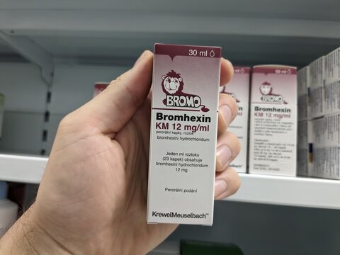 Prague, Czech Republic-August 16 2024:BROMHEXIN box with Expectorant by Boehringer Ingelheim, used for treatment of cough and mucus relief.