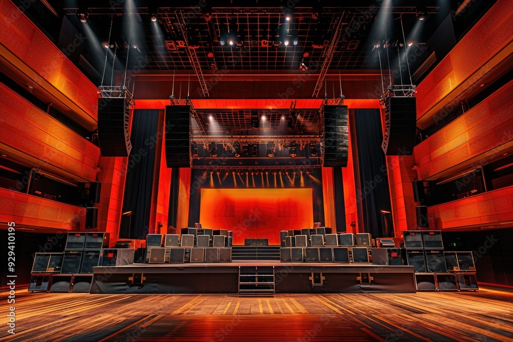 Aufkleber An empty stage with a red backdrop ready for a performance or presentation