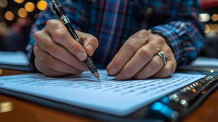 A person signs a document with a pen while seated at a table, illuminated by soft, warm lights. Generative AI