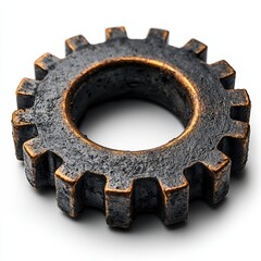 Close-up of a vintage, rusty cogwheel with worn teeth, showcasing the texture and detail of industrial machinery parts.