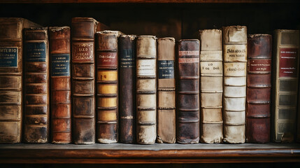 A collection of antique books with worn covers and spines lined up on a shelf, evoking a sense of history, knowledge, and timelessness.