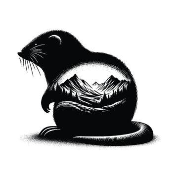 recommend clip art: silhouette of Mole, filled with mountain and nature view in rough drawing,