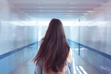 Teen girl with long brown hair, seen from behind, walks in a white and blue school corridor towards sunlight
