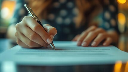 closeup of hands signing an auto insurance policy crisp paper details and elegant pen create a sense of importance soft focus background suggests a professional office setting
