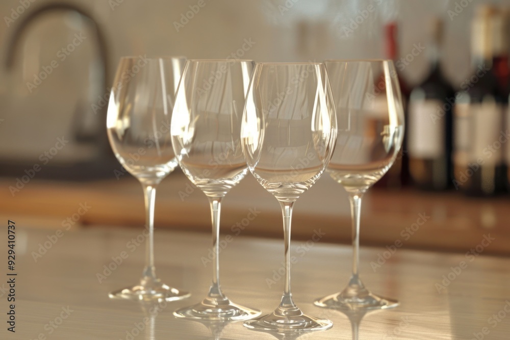 Poster three empty wine glasses sitting on a counter
