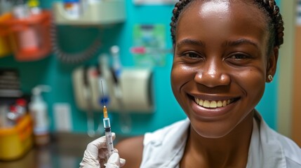 Smiling Female Healthcare Professional Holding a Syringe, Vaccination Concept. Mpox, covid, vaccine