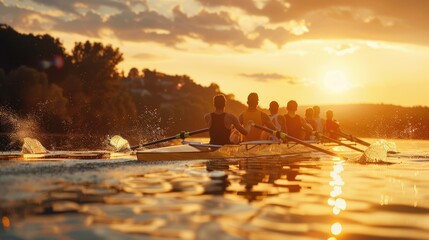 A group of people rowing a boat across a lake during sunset