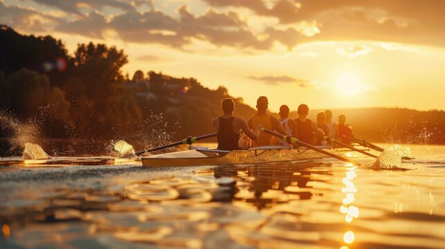 A group of people rowing a boat across a lake during sunset - Powered by Adobe