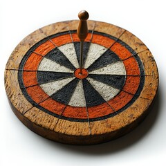 Vintage wooden dartboard with a single dart at the bullseye, symbolizing precision, accuracy, and focus in a rustic game setting.