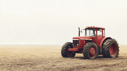 Obraz premium A large red tractor stands alone in a vast, empty field of harvested crops under a cloudy sky, symbolizing the simplicity and hard work of rural life.