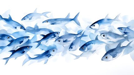 Fototapeta premium A dynamic shoal of fish, dancing through the open sea, their metallic scales catching the light, rendered in expressive watercolor