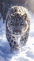 Fototapeta premium Enchanted anime-style Snow Leopard on Winter's White Snow: A Majestic Vision for Christmas and New Year 2025 Holiday Marketing Creatives,Anime-Style,illustration,Picture BooksFor Poster,Novel,UI,WEB,G
