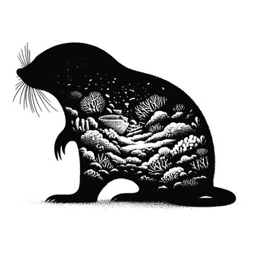 recommend clip art: silhouette of Mole, filled with underwater view with coral in rough drawing,