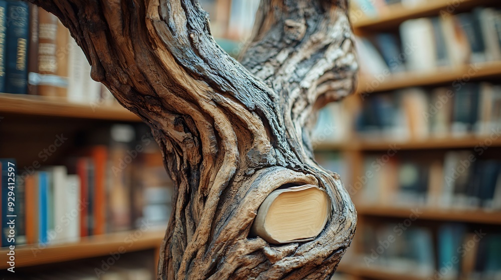 Poster Wooden tree with books on blur background of library with bookshelf Flawless : Generative AI