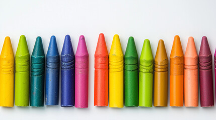 Close-up of a row of colorful crayons arranged neatly, showcasing the bright and diverse colors on a white background.