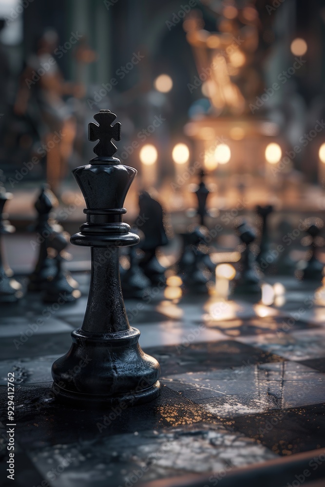 Poster A close-up view of a chessboard with multiple pieces in various positions