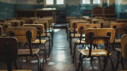 A classroom filled with rows of wooden chairs, perfect for educational settings and offices