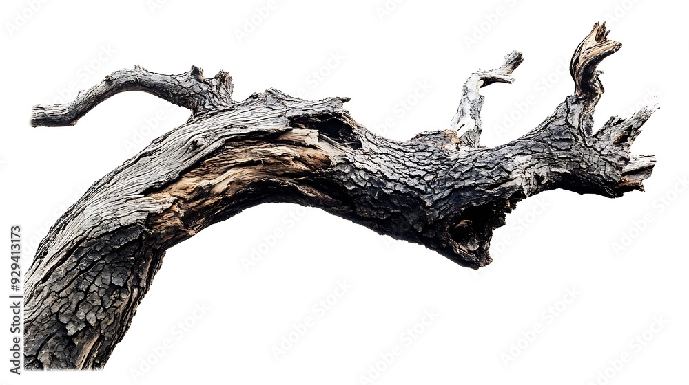 Poster dry branch of big dead tree with cracked dark bark stem beautiful old tree isolated on white backgro