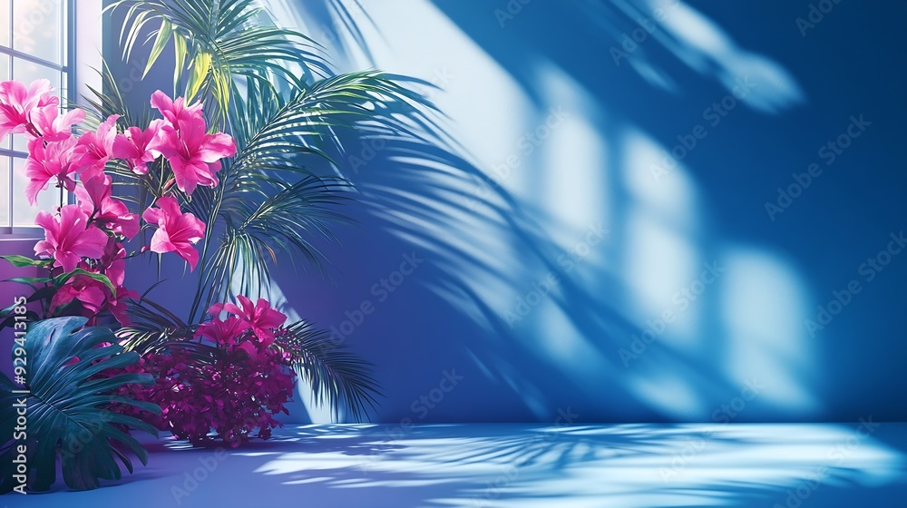 Poster Abstract gradient blue studio background for product presentation Empty room with shadows of window and flowers and palm leaves  3d room with copy space Trendy Color of the Year 2023 v : Generative AI