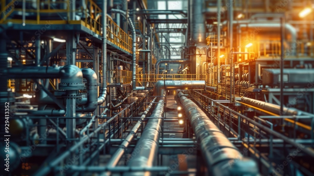 Poster a view of a large industrial factory with numerous pipes and valves