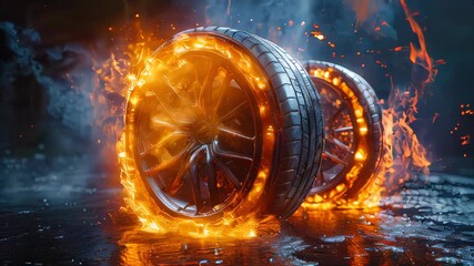 Fiery car tires on wet surface, glowing with intense flames. High-detail image with dark, smoky background. Concept of speed, power, and energy