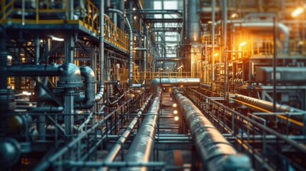 Fototapeta premium A view of a large industrial factory with numerous pipes and valves