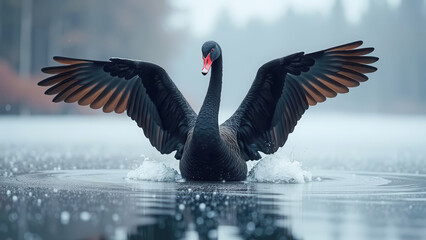 Beautiful black swan in winter landing