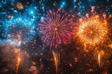 Fototapeta premium dazzling fireworks explode across night sky painting celestial canvas with vibrant streaks of light glittering particles cascade downward heralding joyous new year celebrations