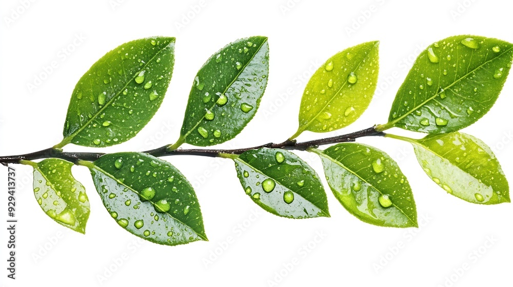 Fototapete green leaves branch with drop isolated on white background with clipping path : generative ai