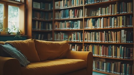 Bookshelves in the library Large bookcase with lots of books Sofa in the room for reading books Library or shop with bookcases Cozy book background Bookish bookstore bookshop : Generative AI