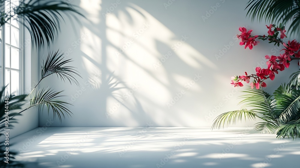 Poster Abstract white studio background for product presentation Empty room with shadows of window and flowers and palm leaves  3d room with copy space Summer concert Blurred backdrop : Generative AI