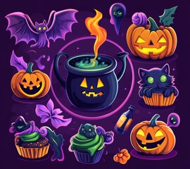 A witch and a black cat each with a magic cauldron and candies in a Halloween holiday frame. Autumn horror holiday round frames. Halloween cartoon borders with pumpkin lanterns, witches and black