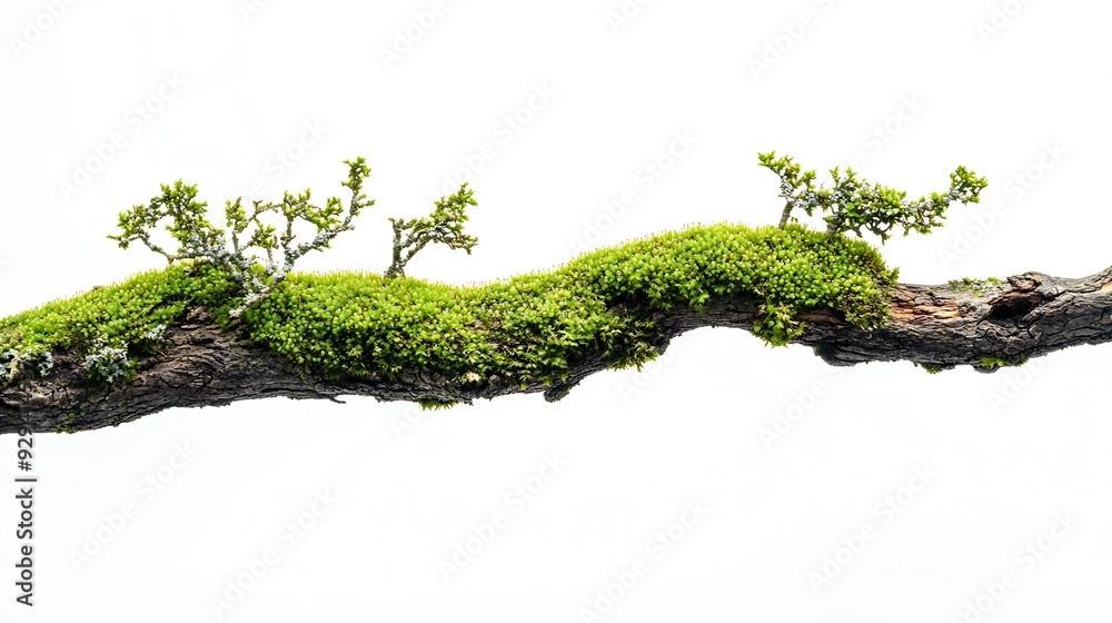 Poster fresh green moss on rotten branch isolated on white side view : generative ai