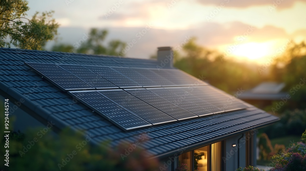 Poster solar panels on the roof of the modern house3d rendering : generative ai