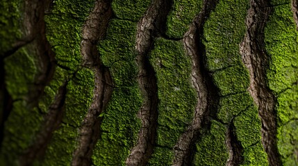 Detailed image of mossy oak tree bark, highlighting its complex grooves and weathered surface, bathed in soft forest light