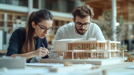 Two young architects working on a 3D house model in an office Creative young business people planning a new design project : Generative AI