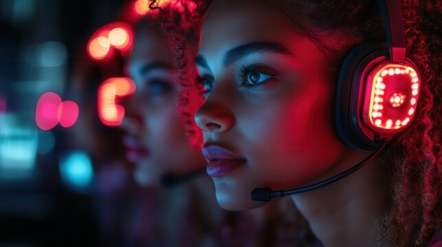 diverse customer service team in futuristic call center holographic displays neon accents team members with varied ethnicities and hairstyles wearing sleek headsets