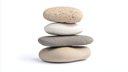 Fototapeta na wymiar Stack of four smooth stones balanced on one another on a clean white background, showcasing natural textures and colors.