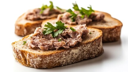 Meat Paste Toast Bread Isolated Tuna Pate Sandwiches Terrine Toasts Chopped Liver Mousse on Bread Fish Paste Canape on White Background : Generative AI