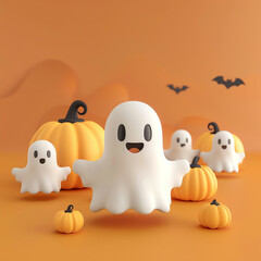 Obraz premium pumpkin wearing a ghost costume on an orange background, halloween jack o lantern halloween