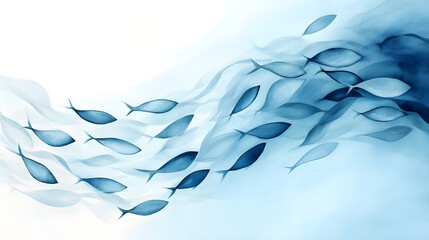A flowing silver river of fish in a serene blue ocean, capturing the harmony of nature in watercolor