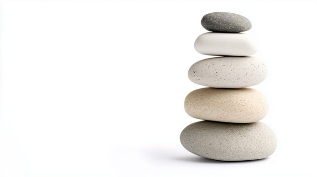 A balanced stack of five smooth pebbles of varying shades on a white background, creating a sense of calmness and symmetry.
