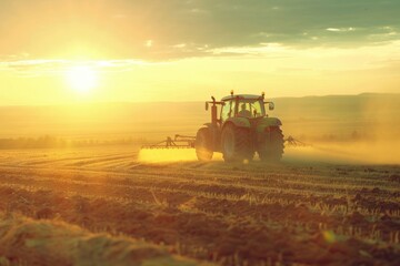Naklejka premium A tractor working in a field during golden hour, suitable for agricultural or rural themed projects