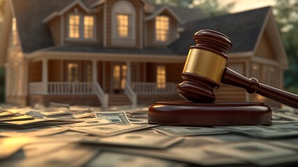 Obraz premium House money and judge gavel Purchase sale of real estate Taxation at home Property division Bidding lot at auction Confiscation and seizure Construction costs and legal regulations 3d : Generative AI