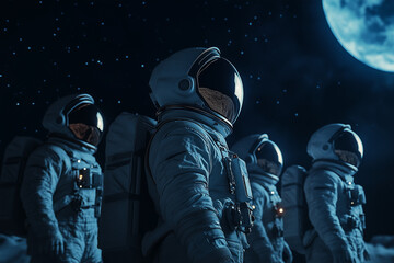 Four astronauts in spacesuits stand on the moon under the starry sky and a bright full Earth, gazing into the distance.