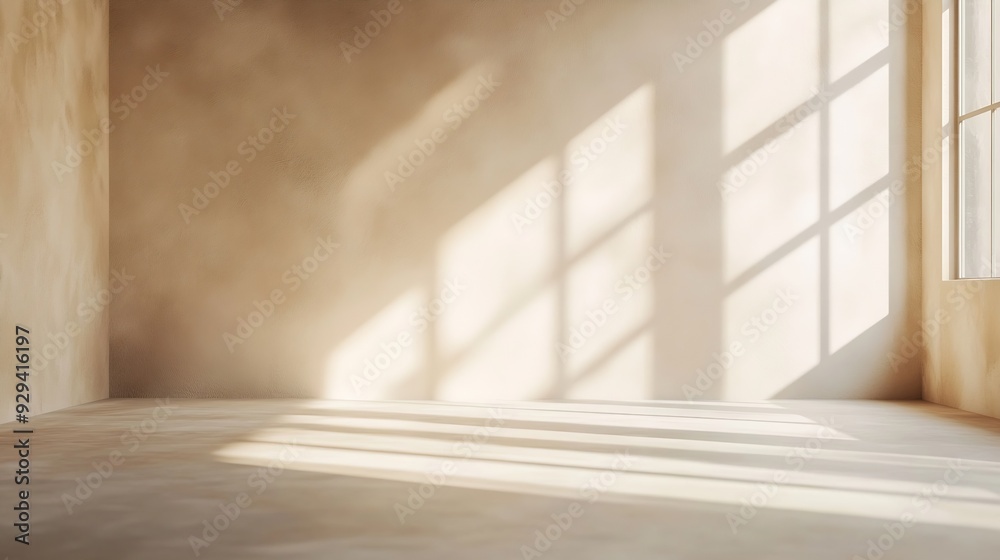 Poster Beige studio background for product presentation Shadow of Window and Sunlight on Empty Room White Wall and Floor Summer concert Blurred backdrop : Generative AI