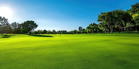 Lush green golf course set against a backdrop of clear blue sky