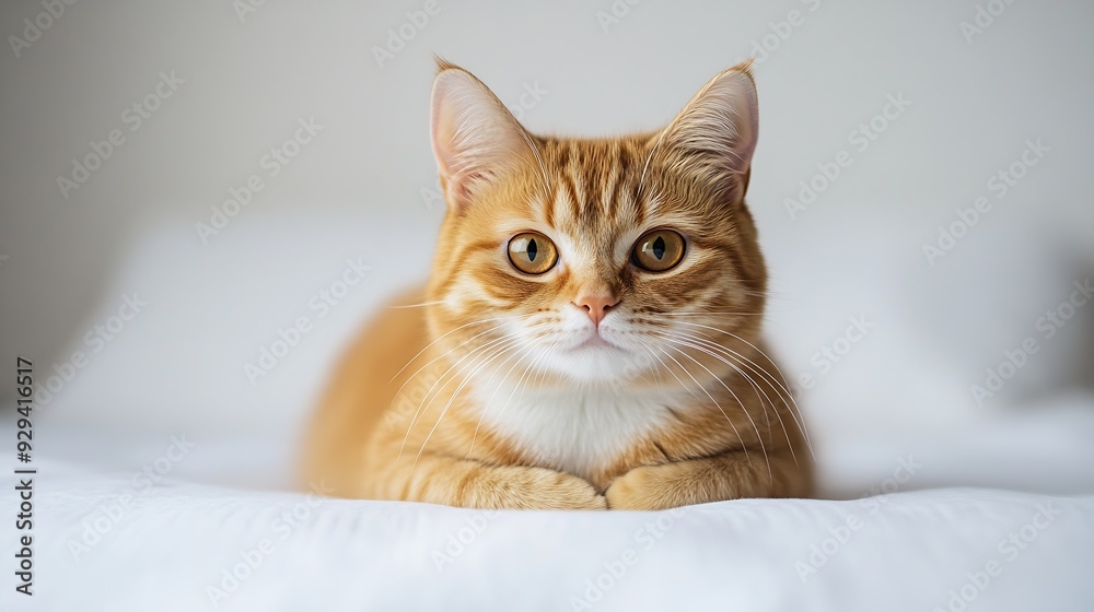 Poster A cat with a yellow face is sitting on a white background The cat has a very cute and friendly expression : Generative AI