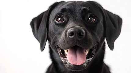 Closeup of a Happy panting black Labrador dog looking at the camera isolated on white Remastered : Generative AI