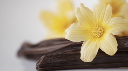 Fototapeta premium Vanilla pods and yellow flower isolated on white : Generative AI